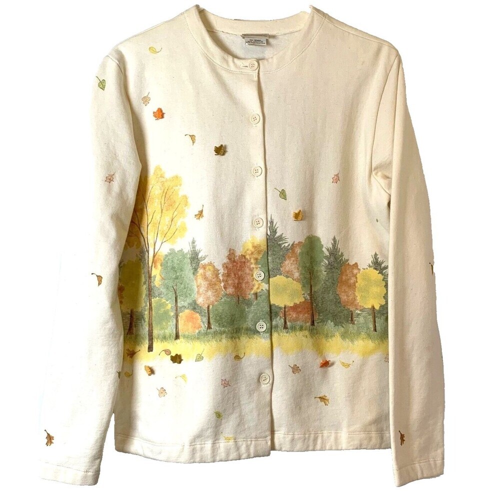 Artisans Wearable Art Cardigan Womens M Trees Landscape Attached Crafted Leaves